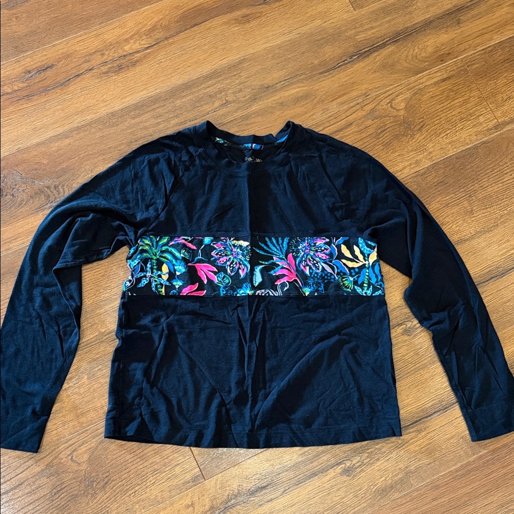 Lilly Pulitzer Black Long Sleeve Tee with Tropical Floral Band